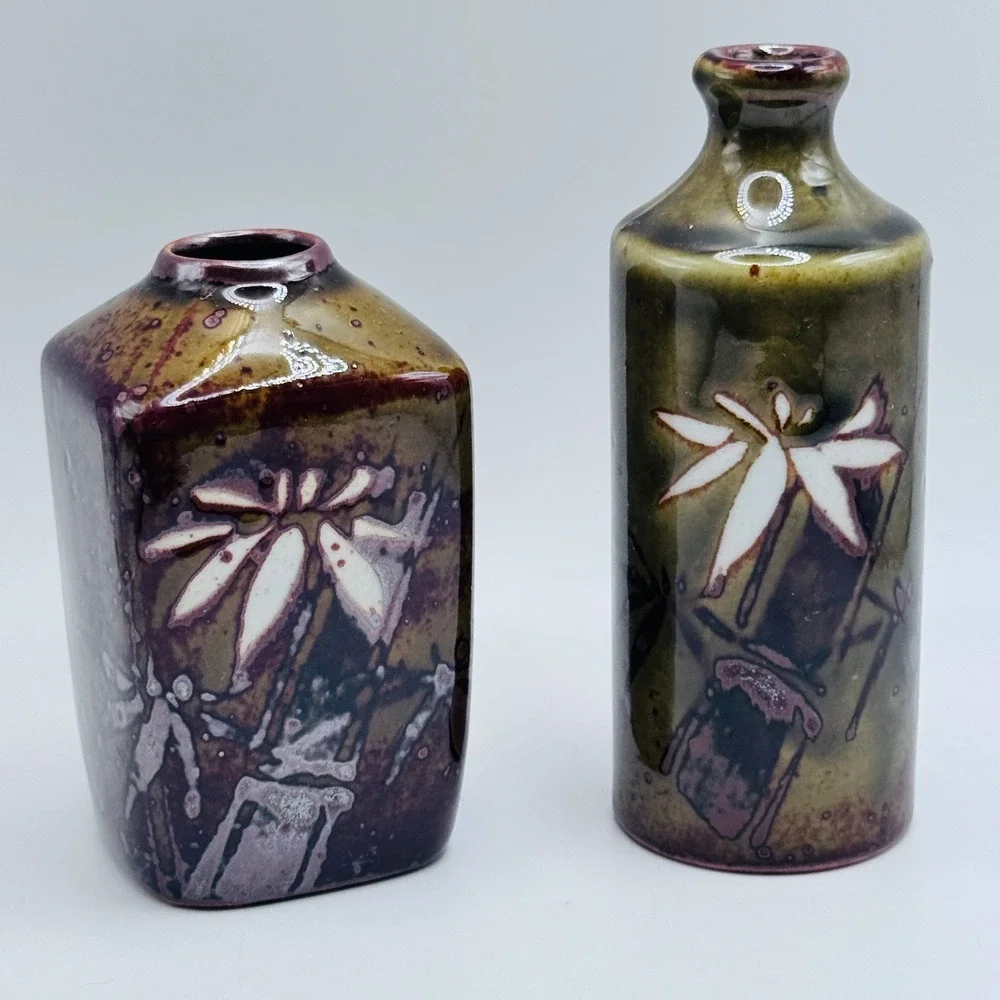 Vintage Japanese Ceramic Bud Vase Set Rainbow MCM Green Earth Tone Floral‎ 2